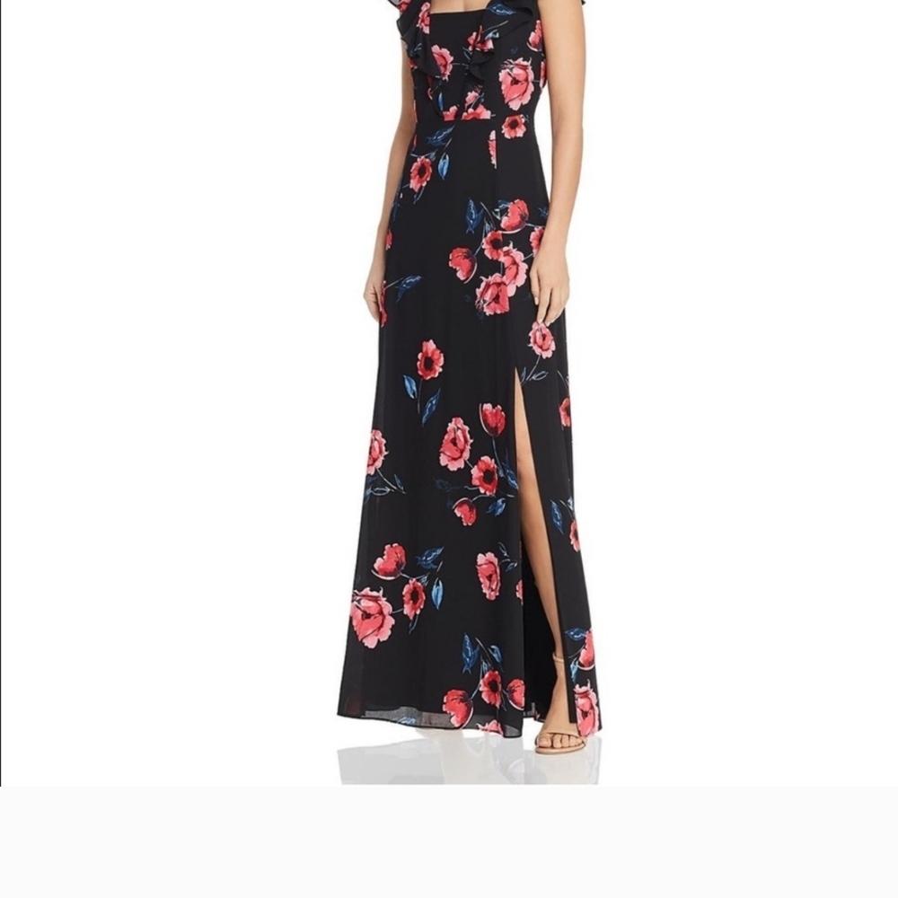 Donna Karan New York Black Floral Maxi Dress Cap Flutter Sleeve Size 8